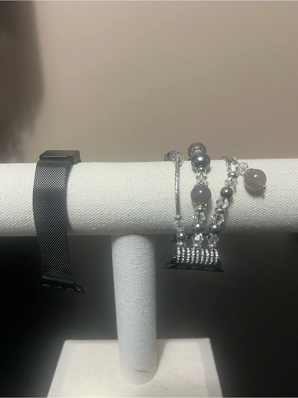 Set of 2 -Silver/Black Stretch Beaded Apple Watch Band and Black Metal Mesh Band
